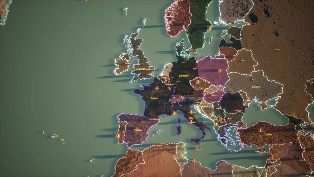 The Epochfall strategic map: a relief Earth with nation borders and capitals