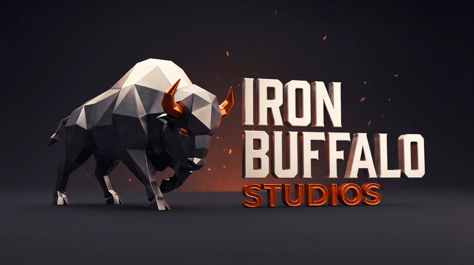 A faceted iron bison with ember horns beside the words Iron Buffalo Studios